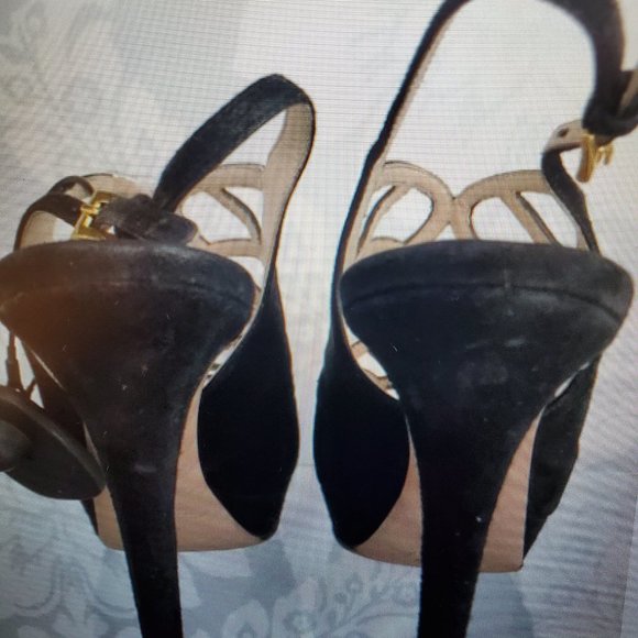 Prada Black Suede Peep-Toe Platform Heels | Ankle Strap Sandals - Picture 5 of 8